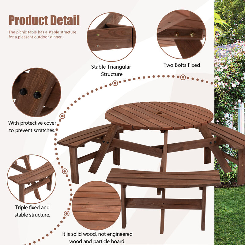 6-Person Outdoor Circular Picnic Table Patio Dining Set with 3 Built-in Benches for Backyard & Garden