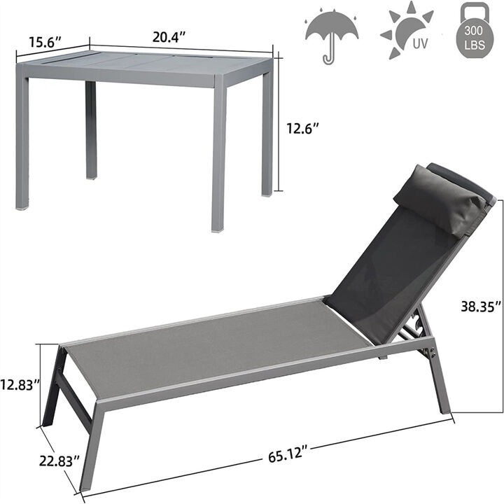 Aluminum Pool Lounge Set, 3 Pieces Textilene Recliner With Headrest