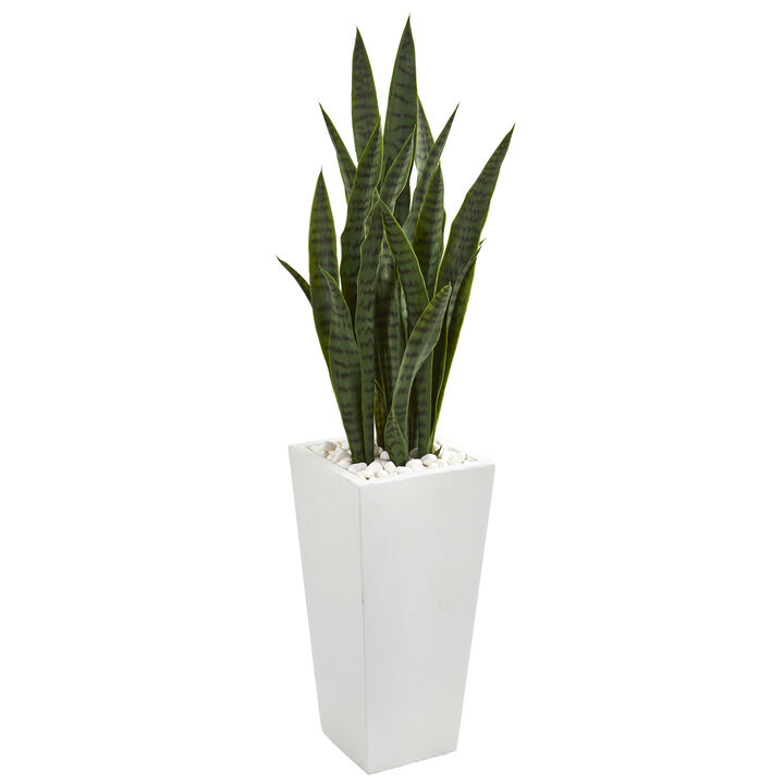 Hivvago 4" Sansevieria Artificial Plant in White Tower Planter