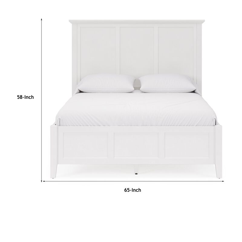 Fritz Queen Size Bed, Three Panel Design, Beveled Top, Brilliant White Wood - Benzara