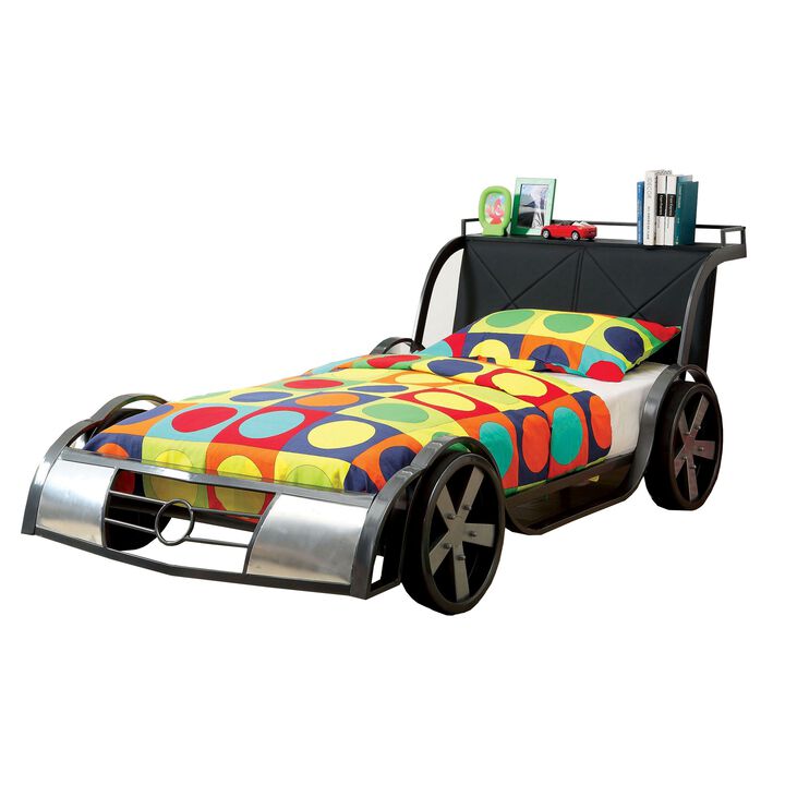 GT Racer Metal Twin size bed, Silver and Black-Benzara