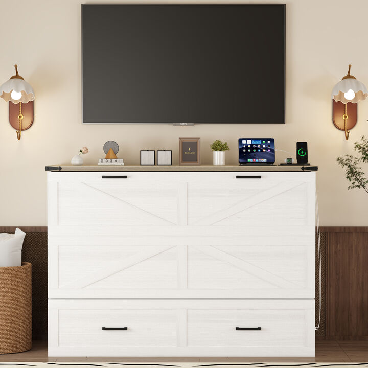 Merax Farmhouse Murphy Cabinet Bed with Charging Station