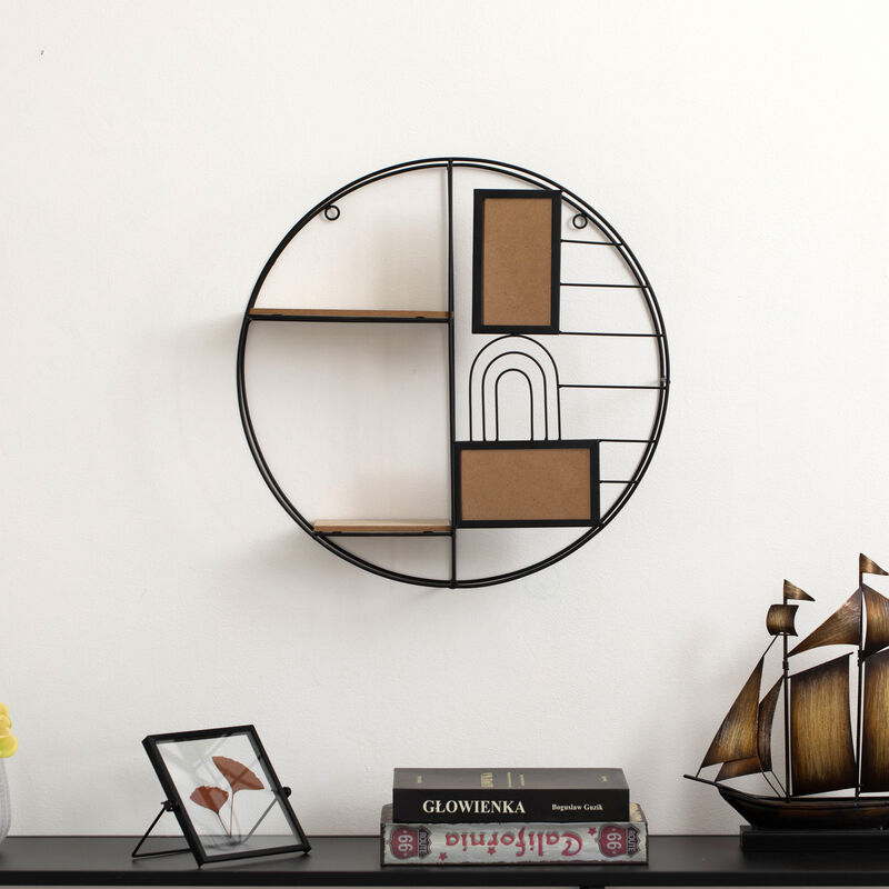 Vintiquewise 2-Tier Decorative Floating Circular Silhouette Wall Shelf with 2 Photo Frames - Circular Metal and Wood Wall-Mounted Shelf for Entryway, Bathroom, Bedroom, and Living Room Decor, Black