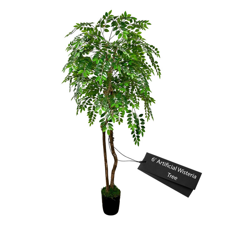 Handmade 6' Artificial Wisteria Tree In Home Basics Plastic Pot Made with Real Wood and Moss Accents