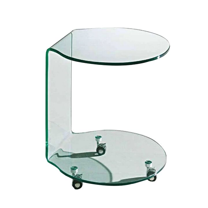 24 Inch Curved Glass End Table, Cylindrical Design, Caster Wheels, Clear - Benzara