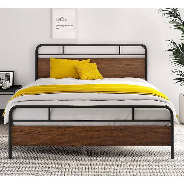 Hivvago Queen Size Industrial Metal Wood Platform Bed Frame with Headboard and Footboard