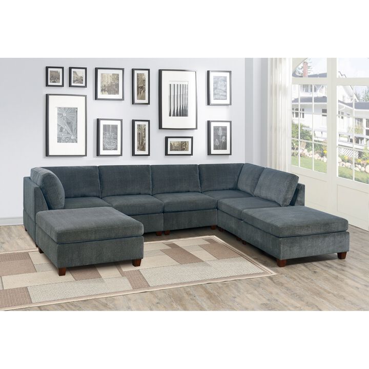 7 Piece Gray Chenille Modular Sectional: U-Sectional, Modern Couch, 2X Corner Wedge, 3X Armless Chairs, 2X Ottoman