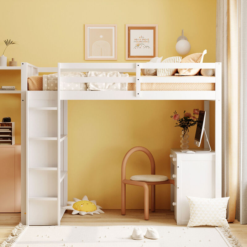 Twin Size Loft Bed With Ladder, Shelves, And Desk