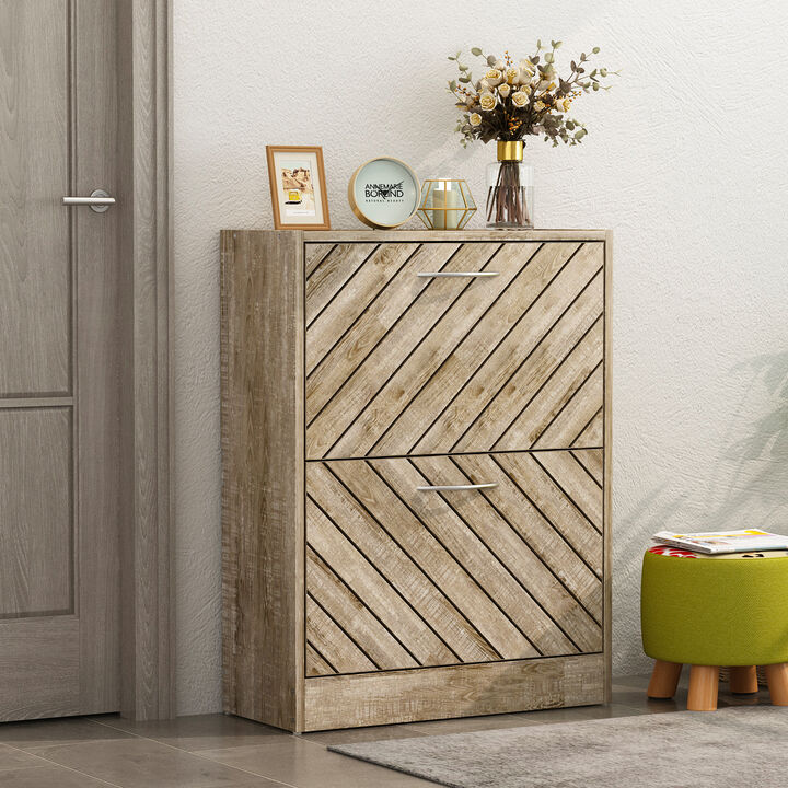 Natural Color 12-Pair Shoe Storage Cabinet with 2-Drawers and 4-Compartments and Wood Grain