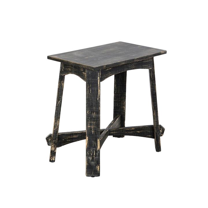 Rena Accent Chairside Table, X Legs, 24in Distressed Rustic Black Wood - Benzara