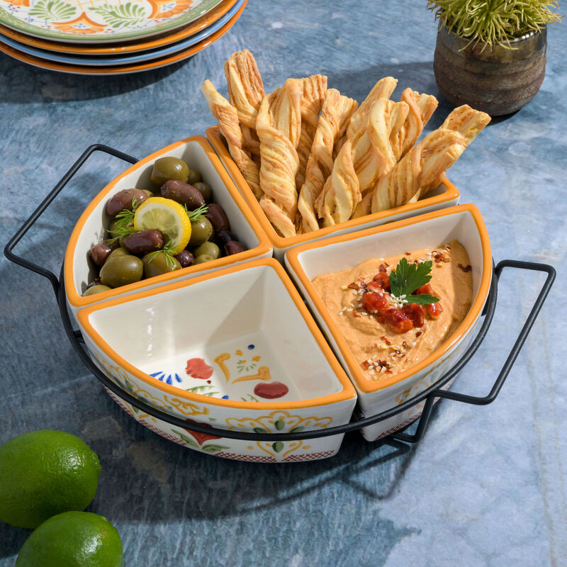 Laurie Gates Tierra 4-Section Hand Painted Stoneware Tidbit Dish with Metal Rack