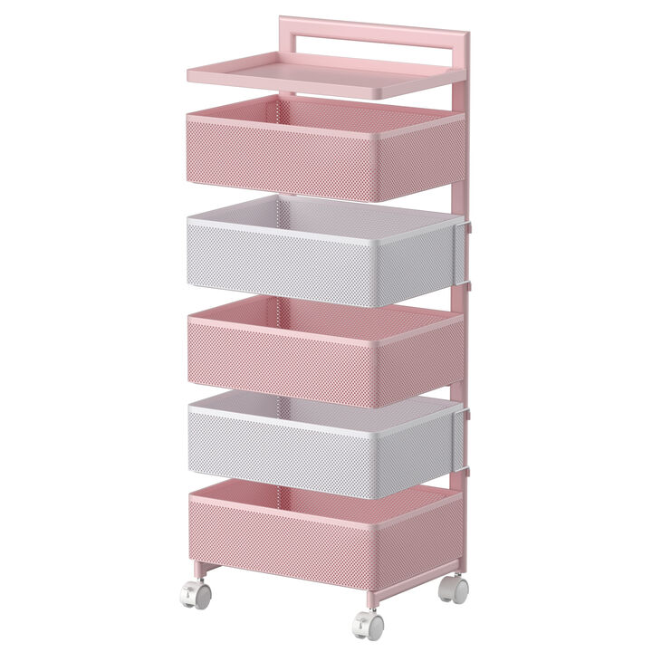 Rotating Kitchen Storage Rack with Handle, Fruit Vegetable Storage Shelf, Rolling Storage Cart, Multifunctional Household Shelf for Bedroom, Bathroom, Living Room(Pink, 5-Tier Pink)