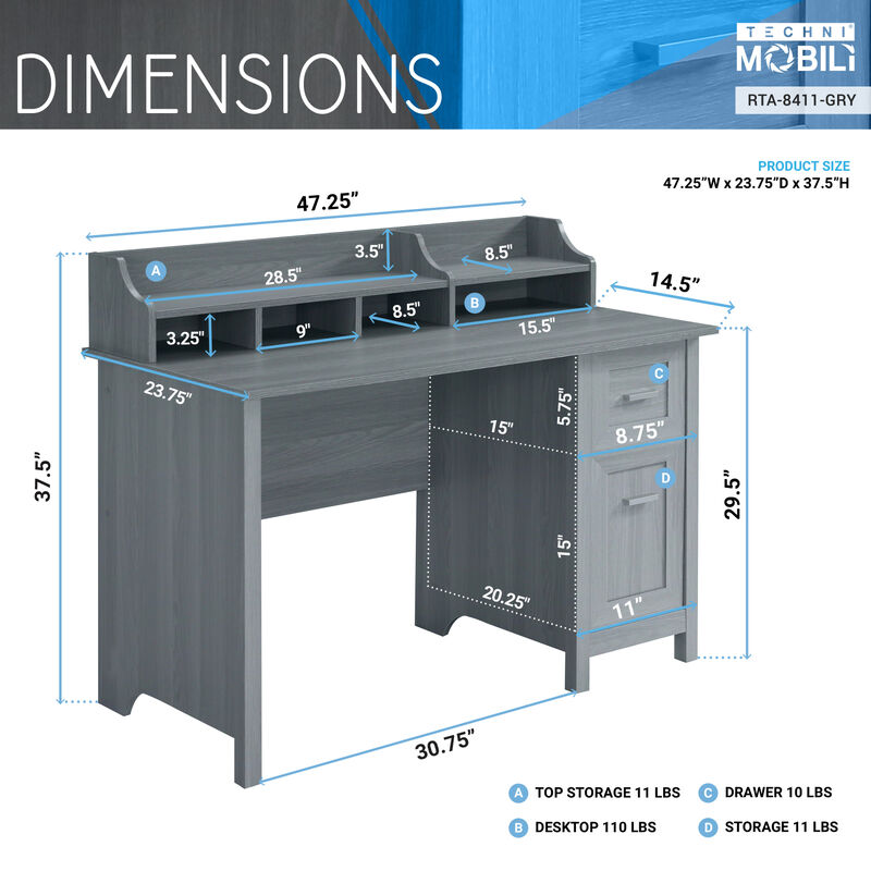 Classic Office Desk with Storage, Grey