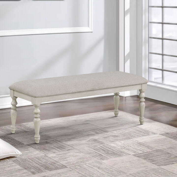 Katherine 48 Inch Bench with Fabric Seat and Turned Legs, White-Benzara
