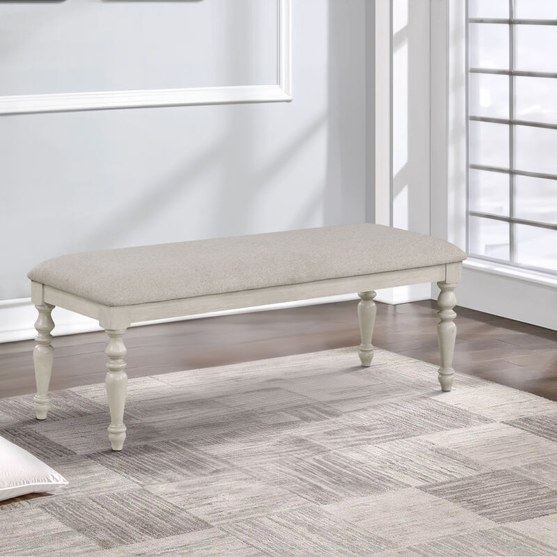 Katherine 48 Inch Bench with Fabric Seat and Turned Legs, White-Benzara