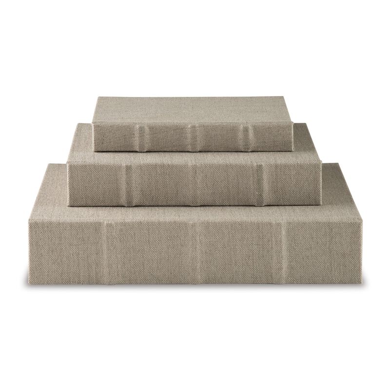 Jolly Decor Storage Book Box Set of 3, Beige Linen, Black Velvet Lining - Benzara