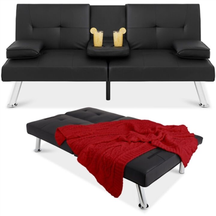 Faux Leather Sleeper Sofa – Convertible Futon with Foldable Cup Holder Armrest for Home & Apartment