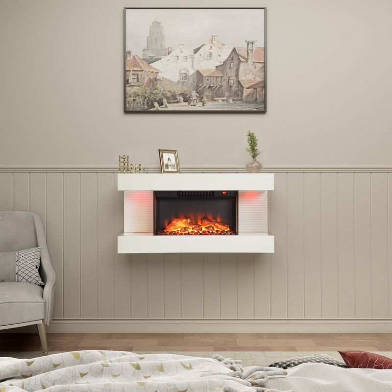 32 in. Wall Mounted Hanging Electric Fireplace with Remote Control in White