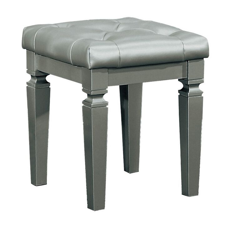 Wooden Vanity Stool With Faux Leather Tufted Seat, Gray-Benzara