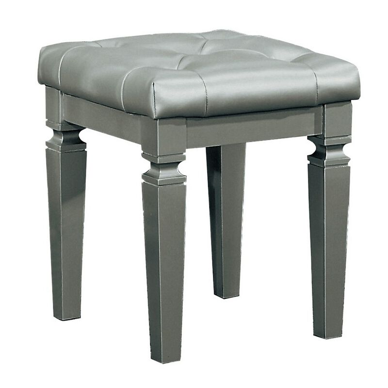 Wooden Vanity Stool With Faux Leather Tufted Seat, Gray-Benzara