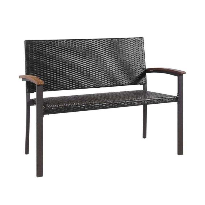 Hivvago Outdoor Patio Rattan Wicker Bench with Armrest for Garden