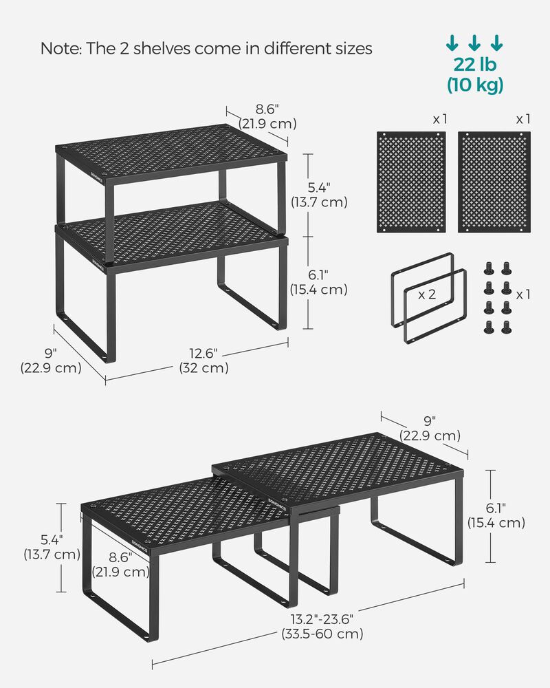 Set of 2 Stackable and Expandable Metal Cabinet Shelf Organizers for Kitchen Counter