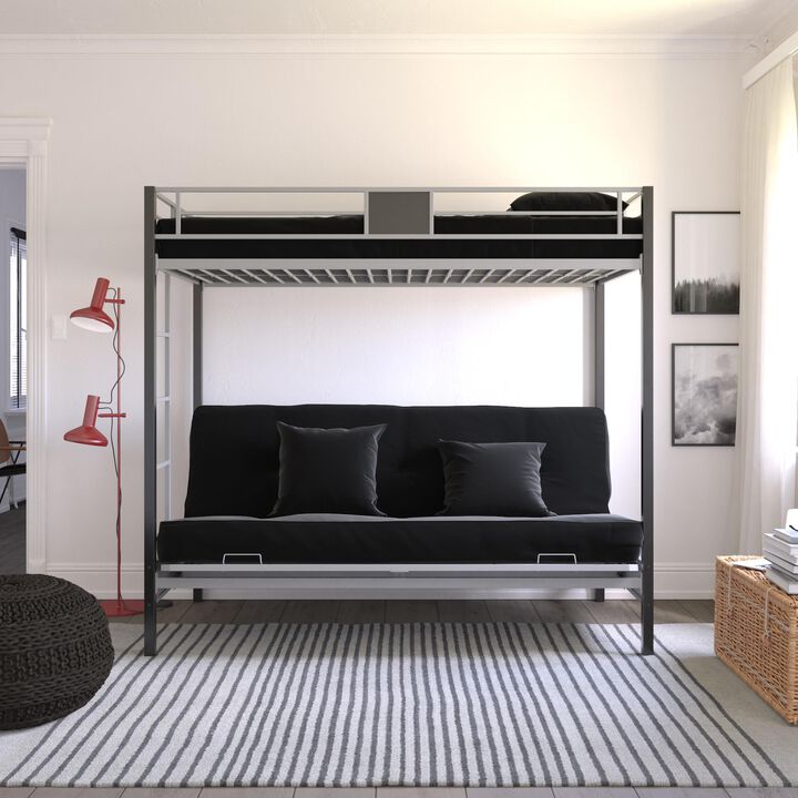 Reeta Twin over Futon Metal Bunk Bed, Silver and Black