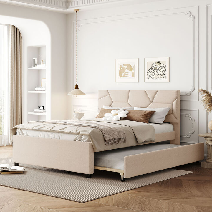 Merax Upholstered Platform Bed with Brick Pattern Headboard and Twin Size Trundle