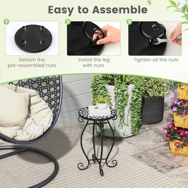 Small Plant Stand with Weather Resistant Ceramic Tile Tabletop-Black & White