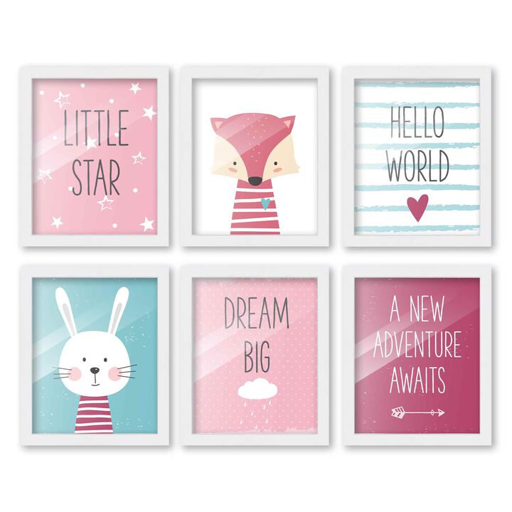 8x10 Framed Nursery Wall Art Set of 6 Hand Drawn Adventure Girl Prints in White Wood Frames