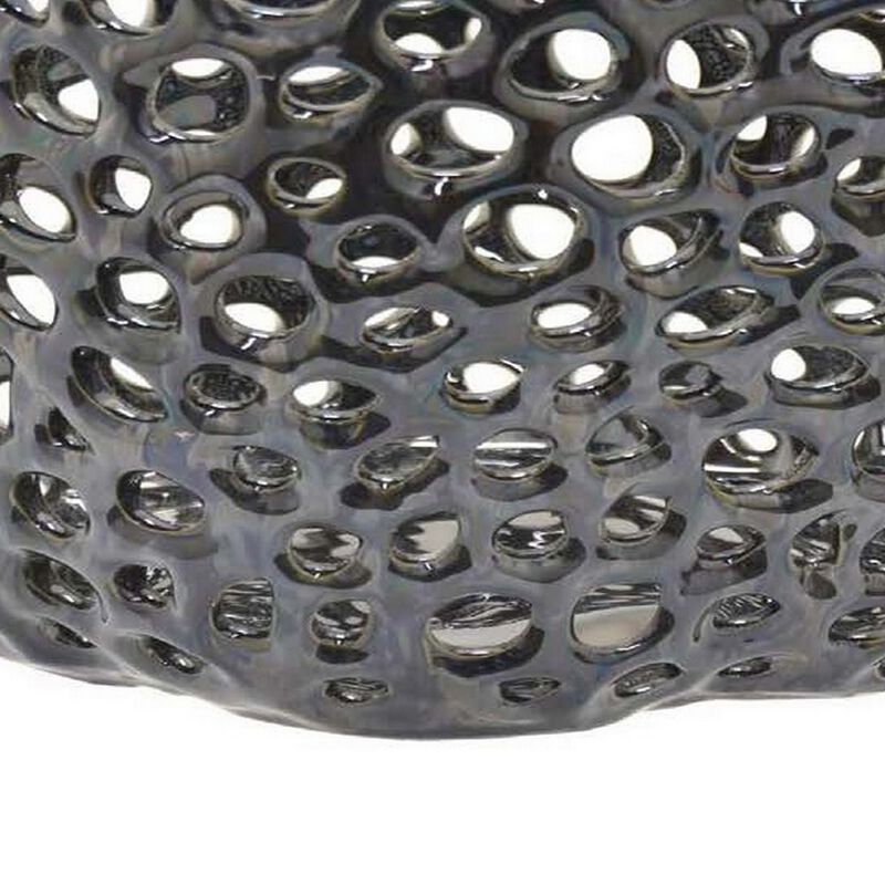 Hina 14 Inch Decorative Bowl, Mesh Design, Wavy Edges, Ceramic Blue Finish - Benzara
