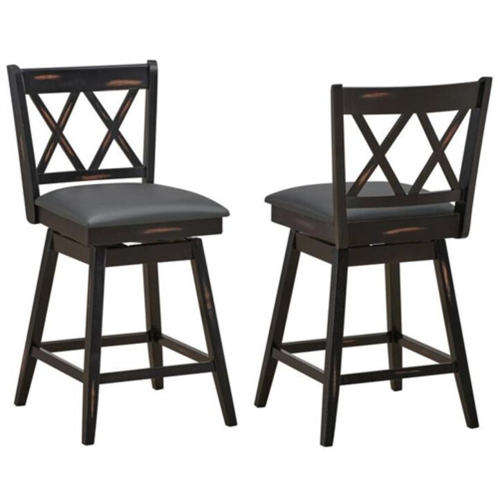 Hivvago Set of 2 Black Wood 24 in Counter Height Farmhouse Swivel Cushion Seat Barstools