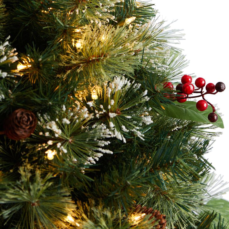 Hivvago 3 Feet Holiday Pre-Lit Snow Tip Greenery, Berries and Pinecones Artificial Christmas Plant in Urn with 100 LED Lights, Indoor Outdoor Patio Porch Decor