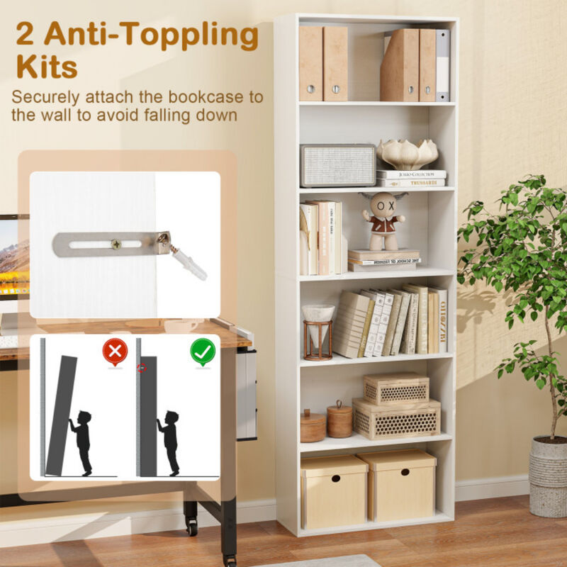 6-Tier Bookcase with 6 Open Shelves and Anti-Toppling Kits
