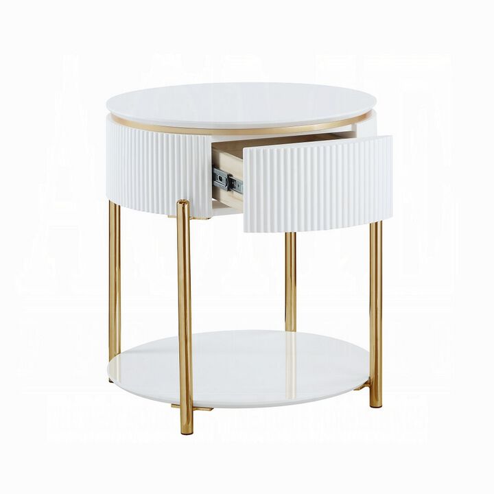 Tyce Side End Table with Drawer, 22 Inch Glossy White, Gold Metal - Benzara