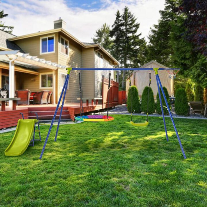 Hivvago 4-in-1 Heavy-Duty Metal Playset with Slide and Basketball Hoop