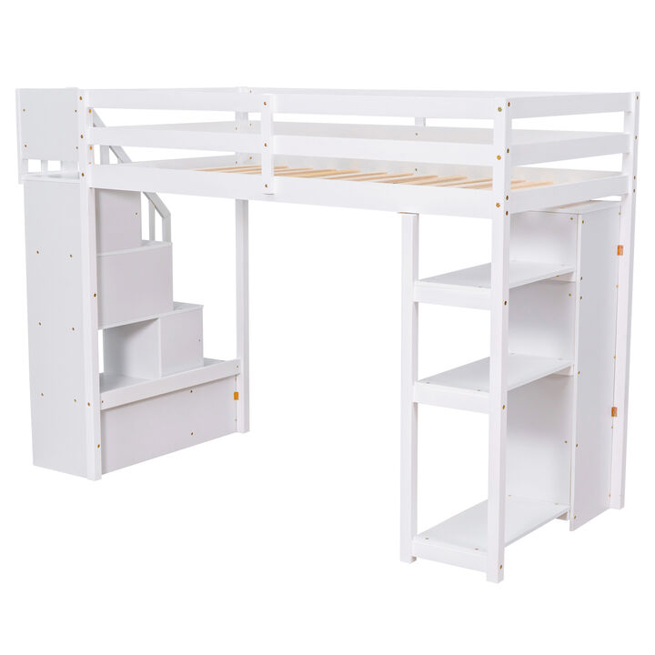 Twin Size Loft Bed With Storage Drawers And Stairs, Wooden Loft Bed With Shelves
