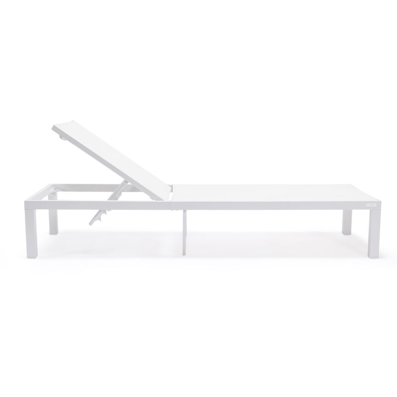 LeisureMod Marlin Modern Black Aluminum Outdoor Patio Chaise Lounge Chair in White Frame with Square Fire Pit Side Table