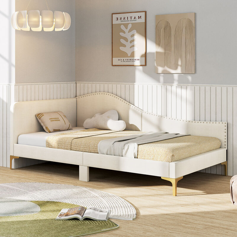 Upholstered Daybed with Metal Legs and Wood Slats for Stylish and Durable Seating or Sleeping Solution