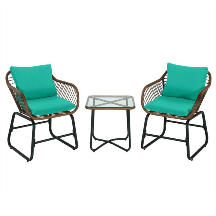 Hivvago 3 Pieces Patio Rattan Bistro Set with Cushions and Glass Table
