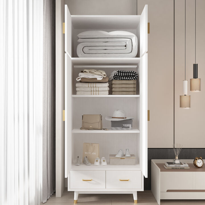 Wooden Wardrobe 4 Doors, 2 Drawers, and Clothes Rail for Organized Storage