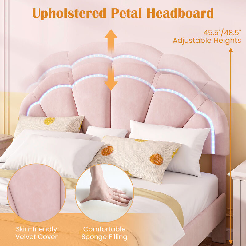 Upholstered LED Bed Frame with Adjustable Flower Headboard