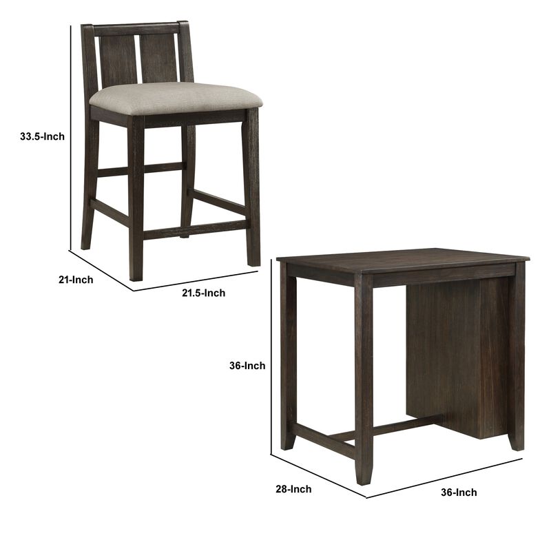 Wooden 3 Piece Counter Set with USB Plugin and Panel Back Chair, Brown - Benzara