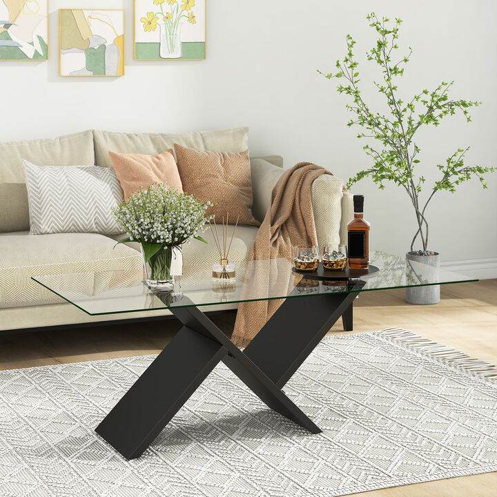 Modern Rectangle Glass Coffee Table Stylish Center Table with Tempered Glass Top