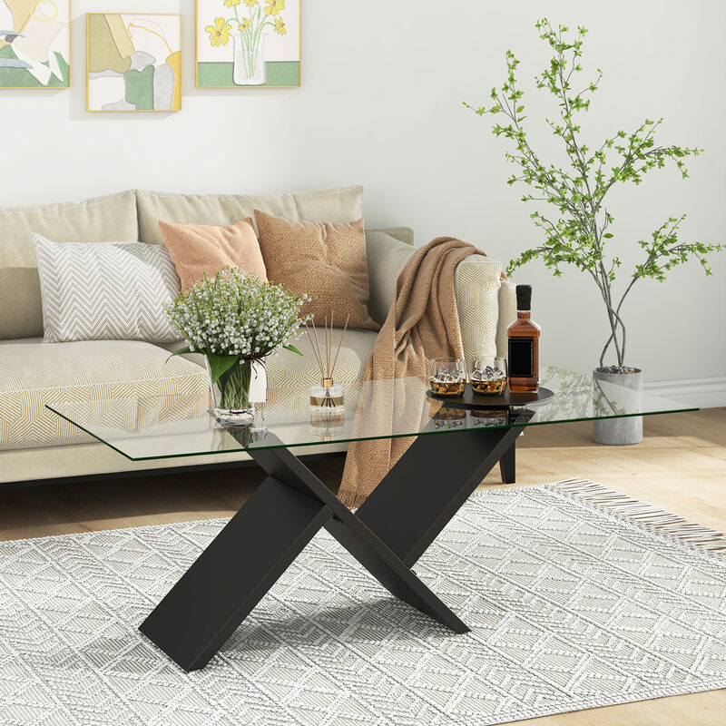 Modern Rectangle Glass Coffee Table Stylish Center Table with Tempered Glass Top