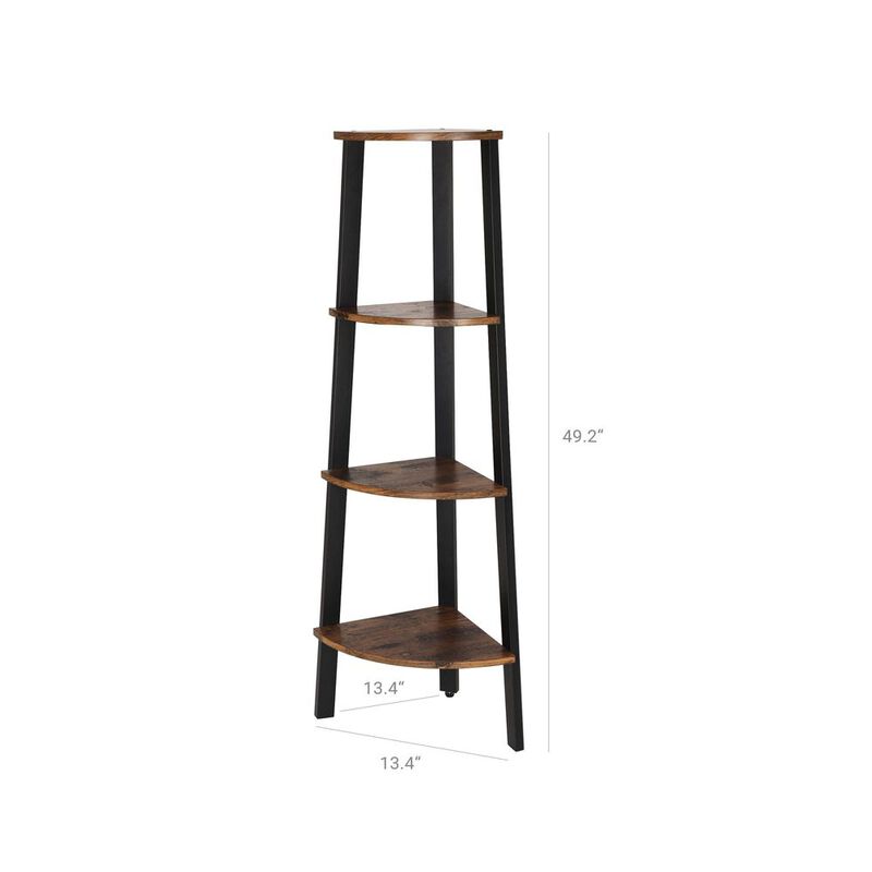 Wood Look 4-Tier Corner Bookcase – Rustic Brown Metal Frame
