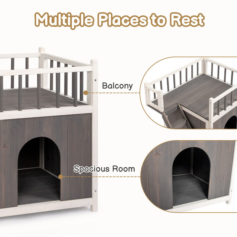 Wooden Outdoor Cat House with Stairs, 2-Tier Weatherproof Pet Shelter