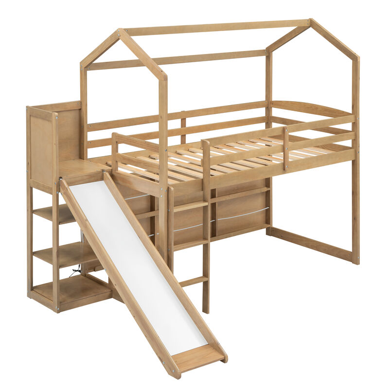 Twin Size Wood House Loft Bed With Slide, Storage Shelves And Light, Climbing Ramp