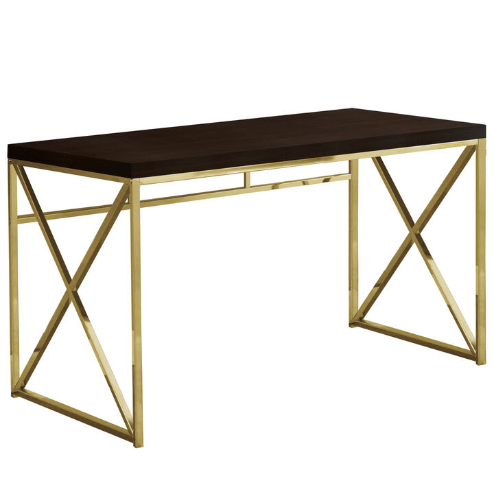 Computer Desk, Home Office, Laptop, Work, Metal, Laminate, Brown, Gold, Contemporary, Modern
