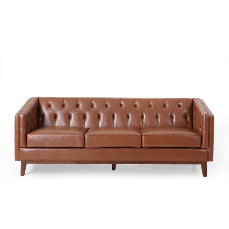 Vella Sofa, Pull Point Back Tufted Light Brown Faux Leather